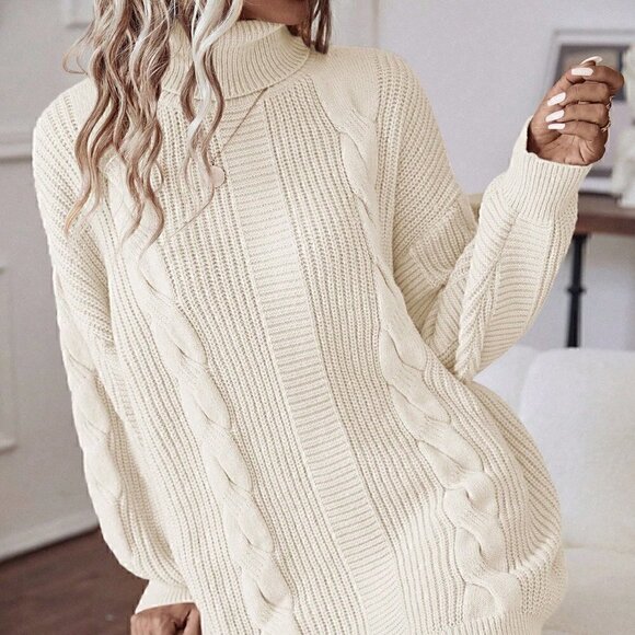 Beige Casual Womens Turtleneck Cable Knit Drop Shoulder Sweater Dress - Picture 5 of 5